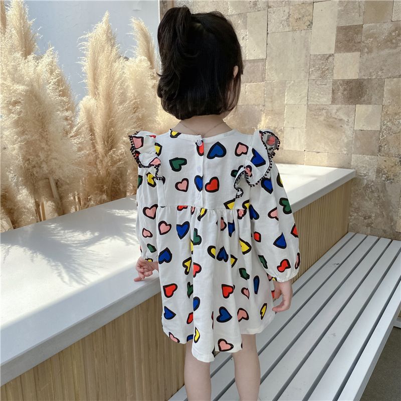 Rochie de fete cu imprimeu colorat de primăvară, dragoste, zburând, mânecă, prințesă, rochie de păpușă_voghion.com