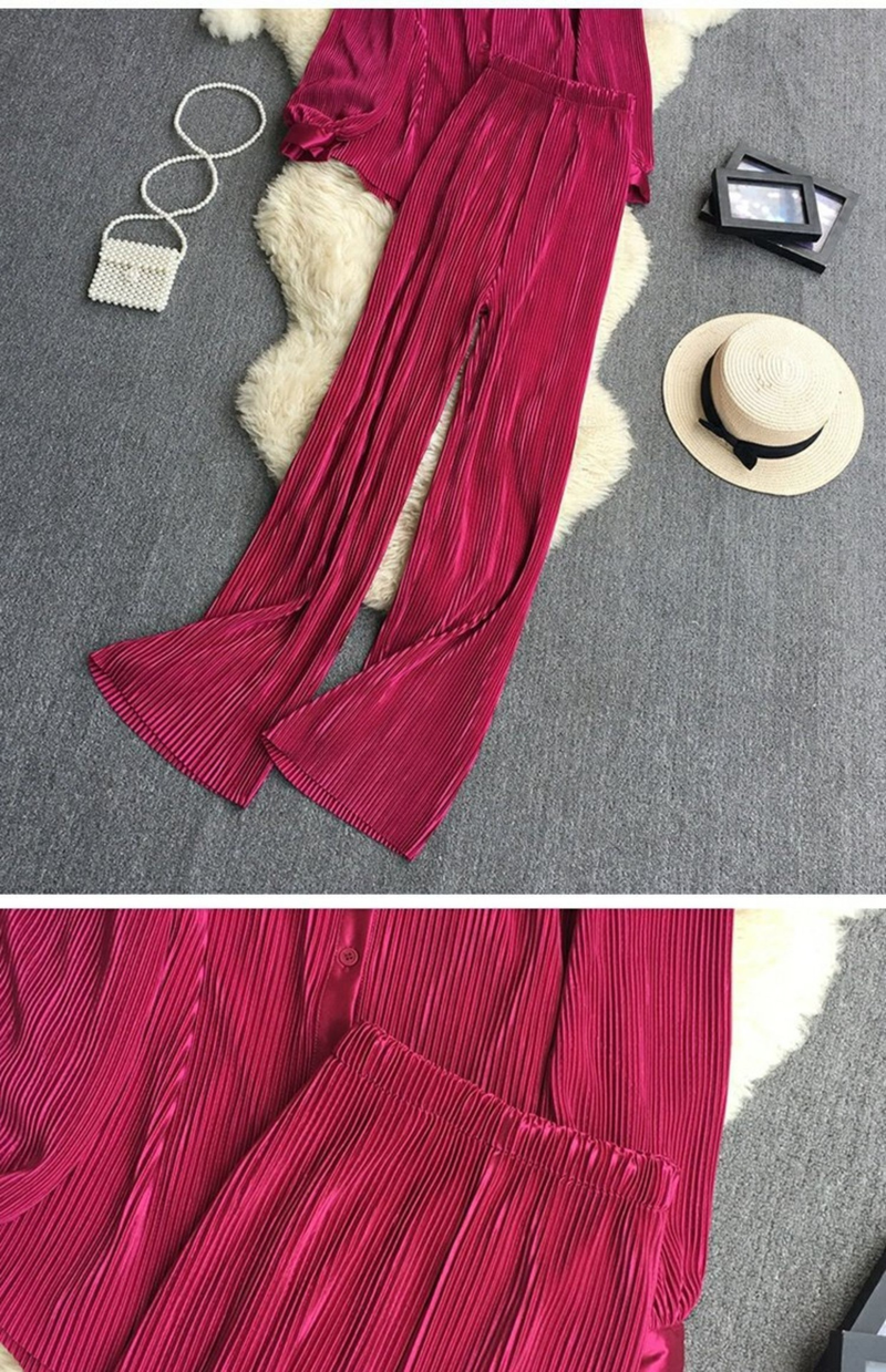 Damen Moud propper Faarf Hemd Zwee-Stéck Set vun Héichtaille Vertikal Vertikal Breetbeenhosen_voghion.com