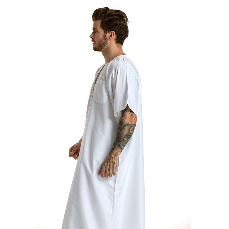 Männerkleeder muslimesch Männerkleed mat gesticktem kuerzen Ärmelen, Ronnhalsmantel fir Männer_voghion.com