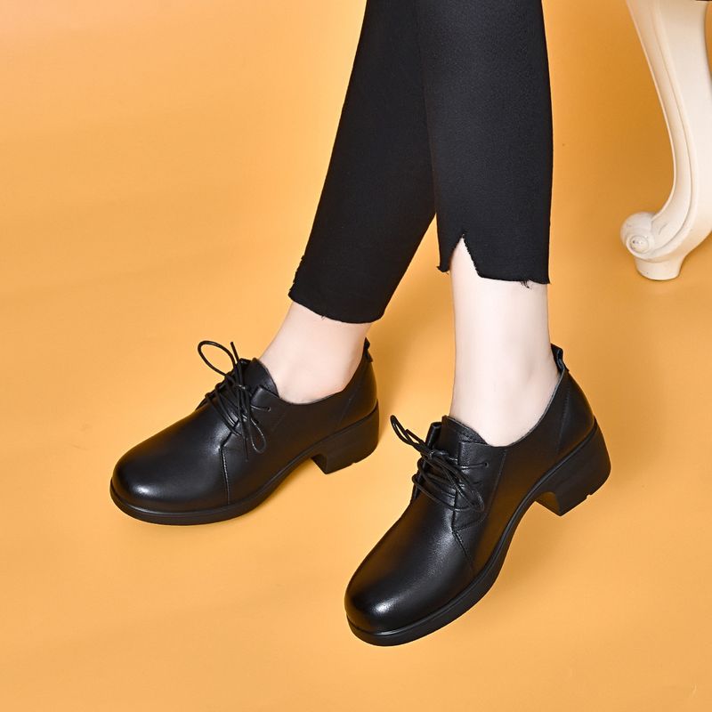 Round Toe Lace-up Women's 2025 Black Top Layer Cowhide Chunky Heel Work Shoes Soft Leather Loafers Physical Store_voghion.com