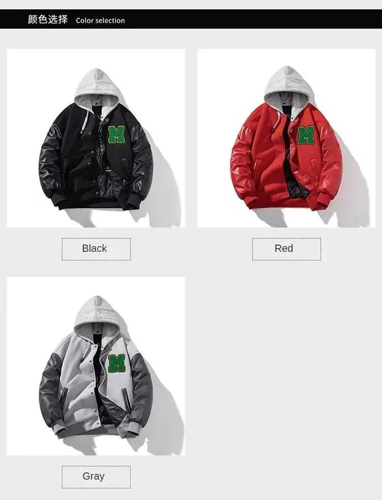 Vestes en cuir, vestes rouges : veste de baseball tendance, vestes d'hiver en fourrure pour hommes - Parka chaude boutonnée style universitaire_voghion.com