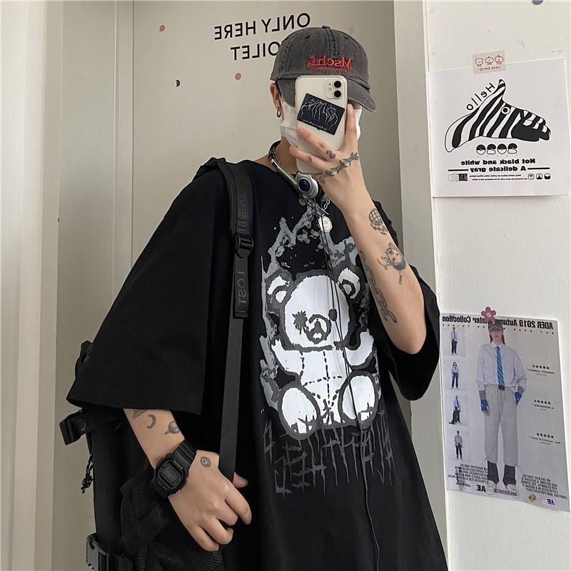 Men's Clothing summer new fashion brand pure cotton bear cartoon print men's Korean loose short sleeved T shirt men's couple wear_voghion.com