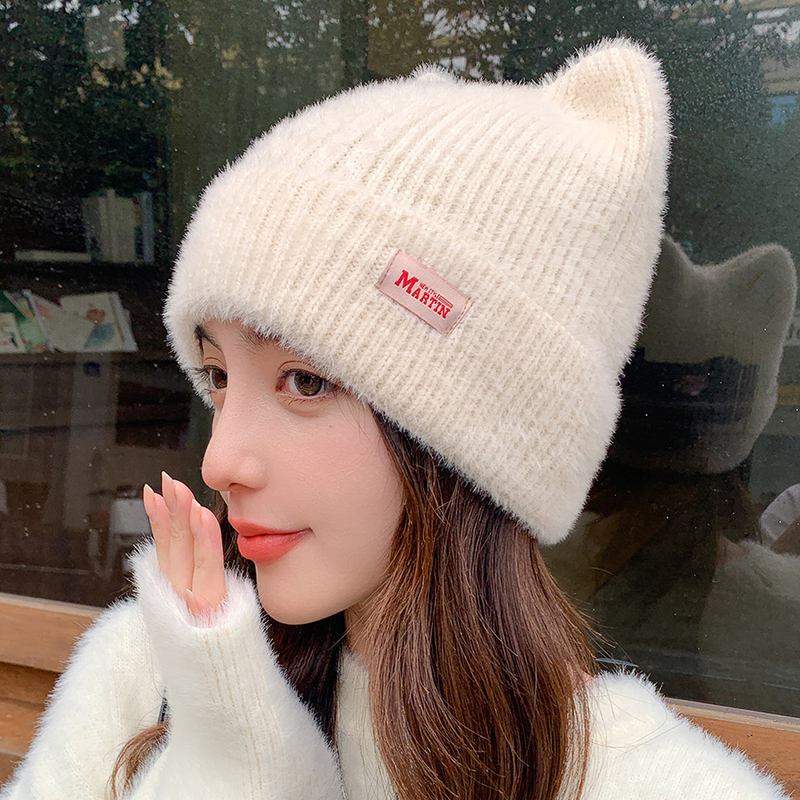 Simpatiche martore invernali Orecchie di gatto (pane al vapore a forma di orecchie di gatto) cappello lavorato a maglia per ragazze caldo cappello di lana con protezione per le orecchie cappuccio piccolo per il viso_voghion.com