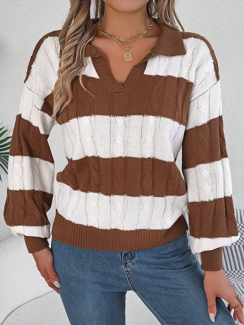 Maglione lavorato a trecce per donna Maglione con maniche a lanterna all'uncinetto, colletto con revers e scollo a V a righe_voghion.com