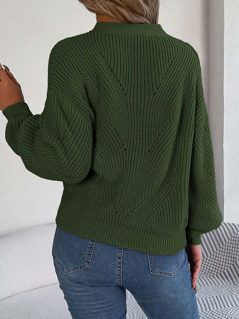 Maglione da donna con scollo a V e maniche a lanterna cava, maglione oversize, top casual in maglia tinta unita_voghion.com