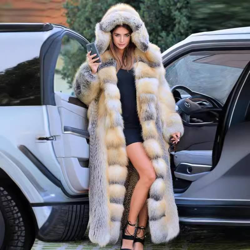 Chaqueta larga de piel con capucha y parches para mujer_voghion.com