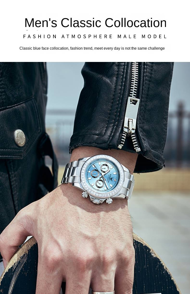 ROERDUM Blue Heart Ice Series - Mechanische Tri-Chronographenuhr für Herren - Edelstahlarmband, eisblaues Zifferblatt, wasserdicht, luxuriöser minimalistischer Stil_voghion.com