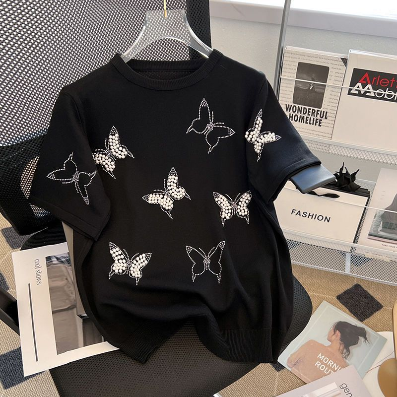 Women's Nail Bead Butterfly Knitted T-shirt High Waist Wide Leg Pants Cowboy Two Piece Set_voghion.com