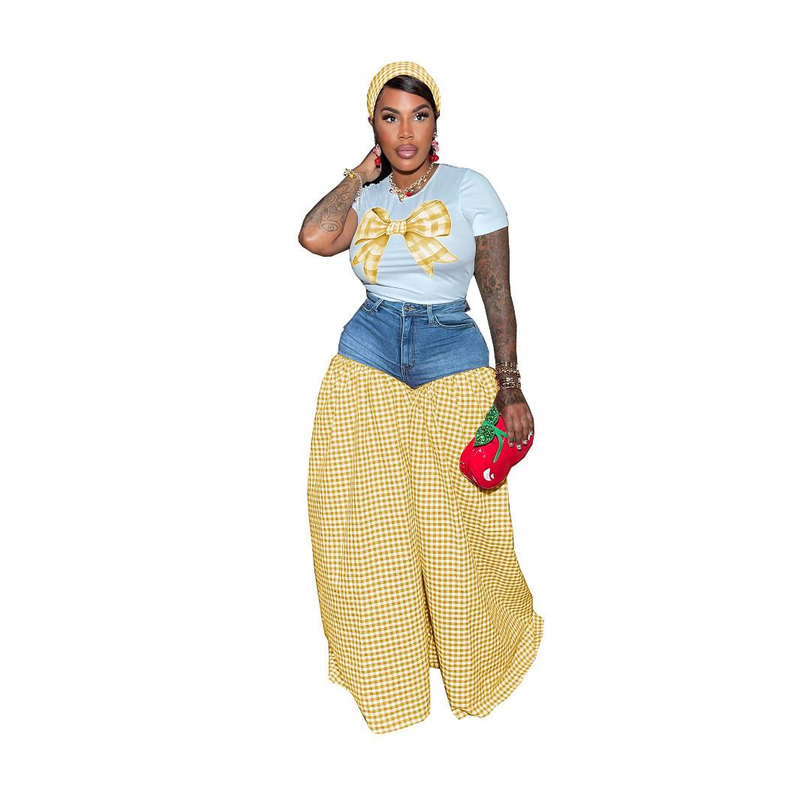 Ropa de mujer, camiseta ajustada estampada con costuras a cuadros, cintura alta, pantalones holgados informales de pierna ancha, conjunto de dos piezas_voghion.com