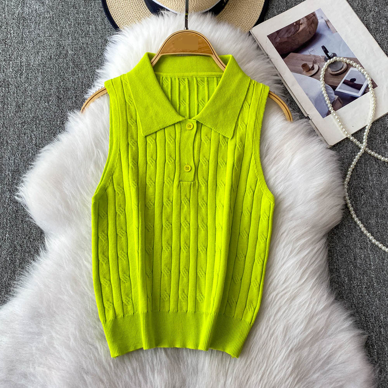 Women's Clothing Twisted POLO Collar Sleeveless Knitted Vest Slim Fit Two Button Casual Top_voghion.com