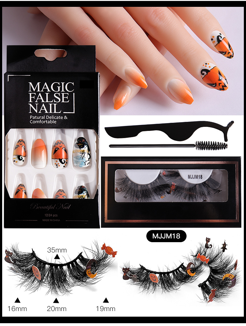 European And American Halloween Mink Faux Lashes & Nail Tips Combo Set With Application Tools_voghion.com