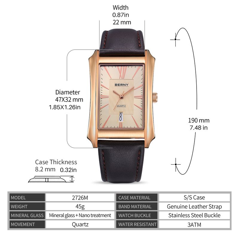 BERNY Men's Leather Watch Vintage Stainless Steel Rectangular Case Roman Dial Dress Analog Watch With Date Waterproof Classic Quartz Wrist Watches_voghion.com