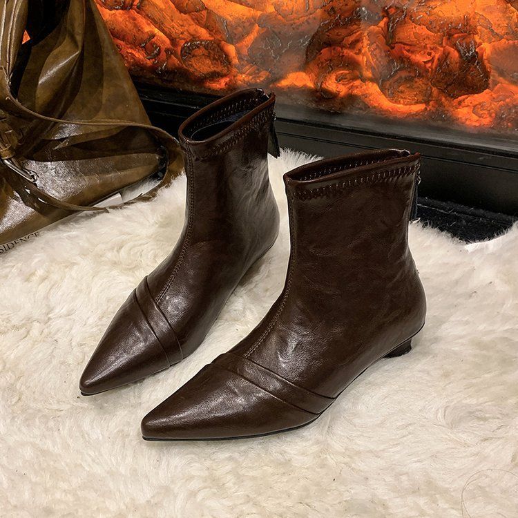 High Heels, French Style, Large Circumference, Widened Elastic, Thick Leg Fashion, Skinny Boots, 69 Pointed Martin Boots, Short Boots, Bare Boots_voghion.com