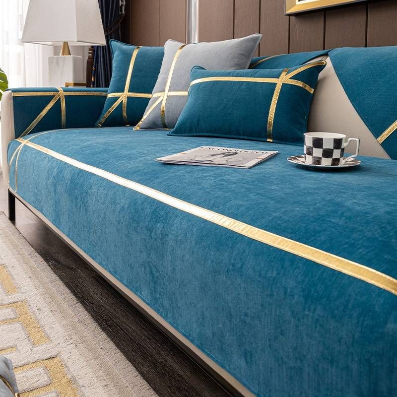 Luxury Chenille Sofa Cover Set With Cloud Gold Trim – Anti-Scratch, All-Season Fabric Protector For Sectional Couches_voghion.com