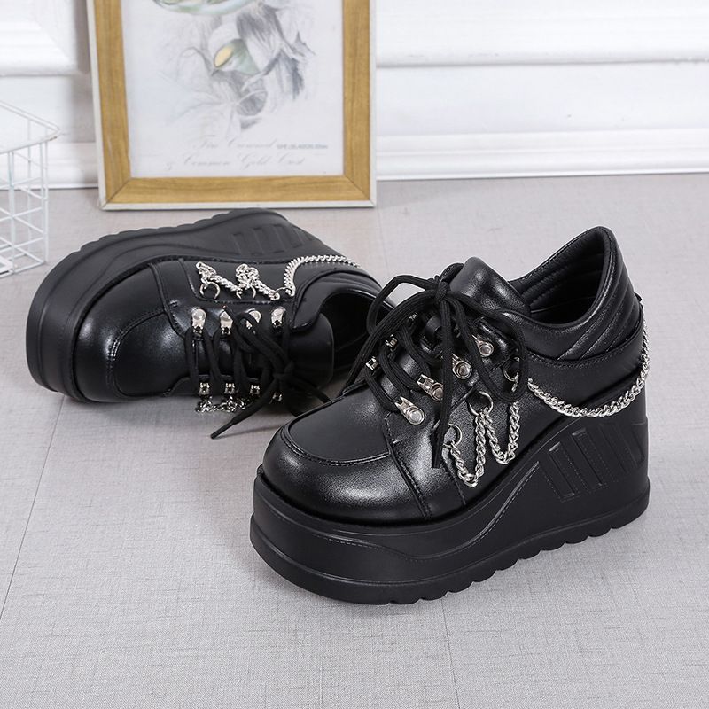 Women Gothic Punk Style Black Studded Lace-Up Platform Shoes, Metal Decor Block Heel Casual Shoes_voghion.com