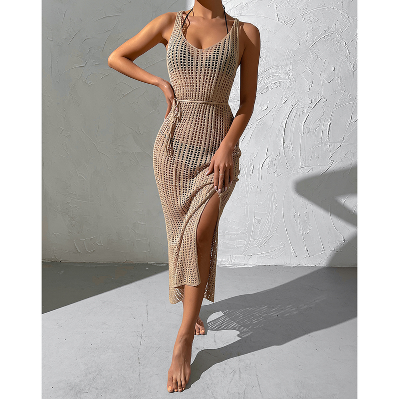Abito da spiaggia in maglia con scollo a V e schiena scoperta per le donne_voghion.com