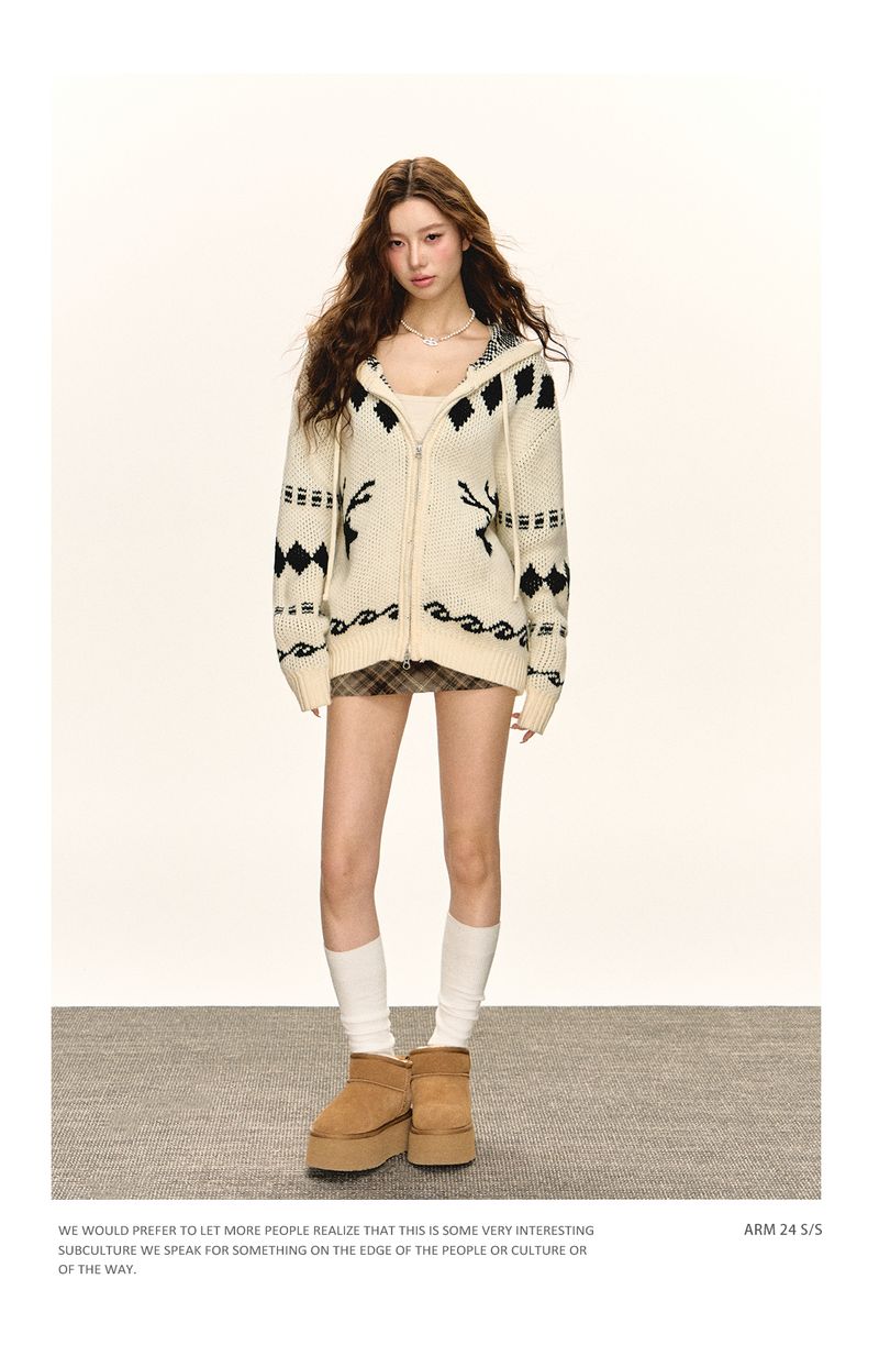 Ariseism American Style Loose Hooded Zipper Cardigan Sweater Jacket For Women Autumn New Top_voghion.com