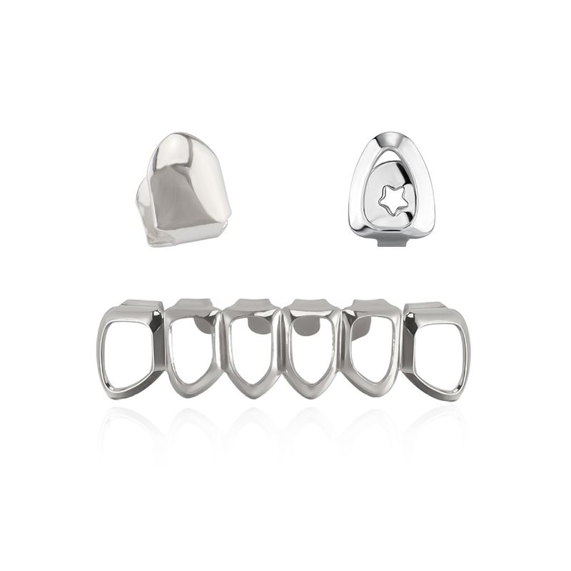Griglia dentale con sei denti piatti cavi, apparecchio per hip hop, set di tre pezzi per denti da HIPHOP, apparecchio per palcoscenico_voghion.com