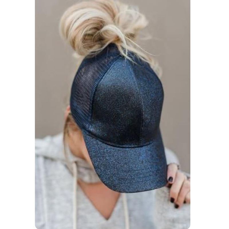 Ponytail Baseball for Women Shiny Glitter Sequins Woman Summer Cap Mesh Sunhat Pure Color High Messy Bun Hat_voghion.com