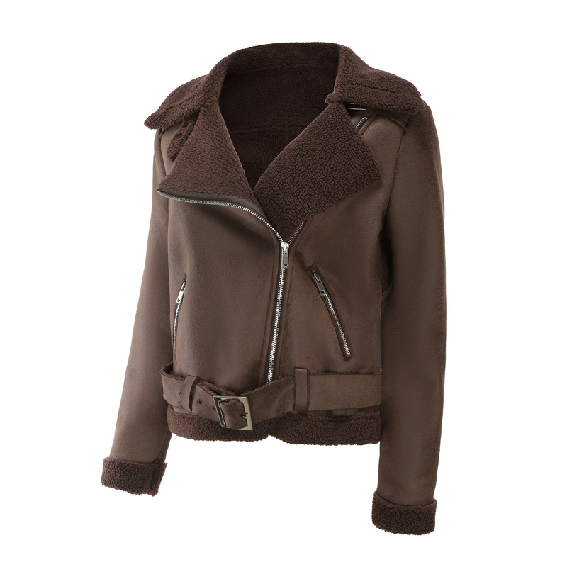Damenbekleidung Herbst und Winter Pelz Integrierte warme Wildlederjacke Ledermantel Gürtel Reversmantel_voghion.com