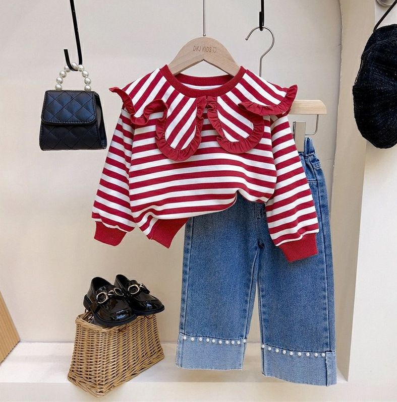 Ensemble deux pièces pour enfants, haut à revers rayé, pull, jean perlé_voghion.com