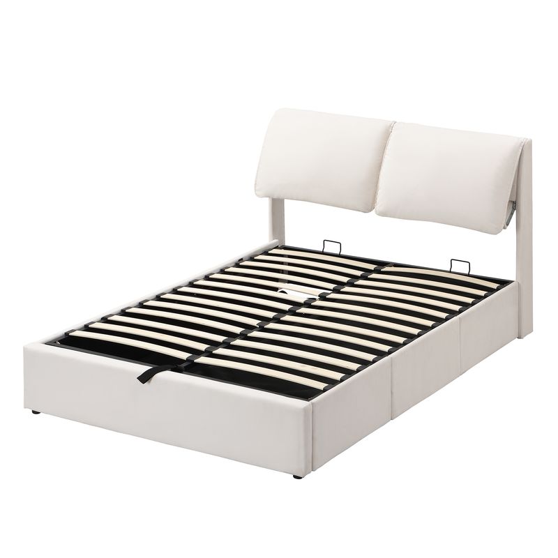 Lit coffre hydraulique 140 x 200 cm, 3 tiroirs, cadre de lit capitonné en velours beige avec sommier à lattes et tête de lit, matelas non inclus._voghion.com