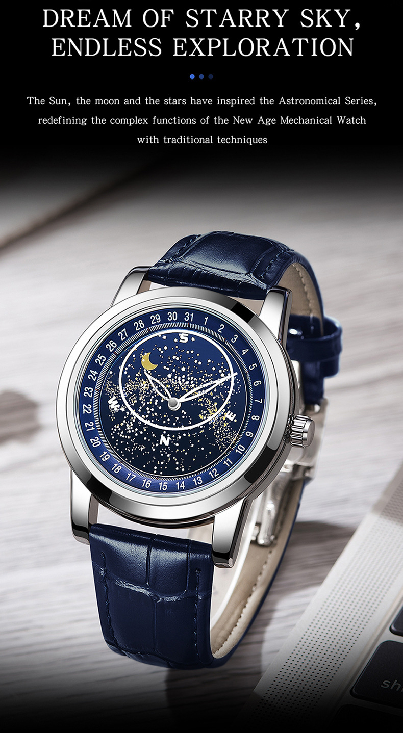 Montre mécanique automatique pour homme avec cadran étoilé rotatif, aiguilles lumineuses, étanche jusqu'à 30 m, fermoir en acier inoxydable, bracelet en cuir véritable_voghion.com