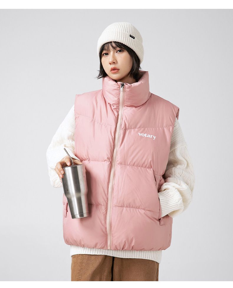 Colete masculino com gola alta e enchimento de plumas - Jaqueta acolchoada reversível sem mangas para inverno com estampa retrô para estilo urbano_voghion.com