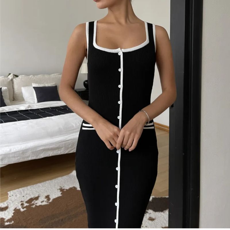 Damenbekleidung Westenkleid Kontrastfarbe Einreihig Multi Knopf Schlitz Langes Strickkleid_voghion.com