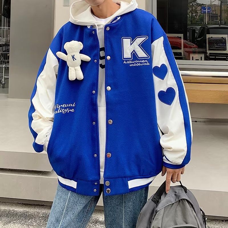Unisex Teddybär-Baseballjacke – Blau-weißer Color-Block-College-Mantel (M-3XL) – Übergroße Streetwear für Paare für Männer und Frauen_voghion.com