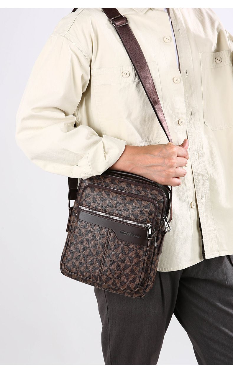 Slim Vertical Briefcase – Multi-Functional PU Crossbody Bag For Men, Waterproof Laptop Shoulder Bag With Check Print For Business & Travel_voghion.com