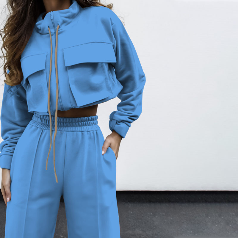 Women's solid color zipper double bag drawstring long sleeve shirt fashion casual long pantsuit_voghion.com