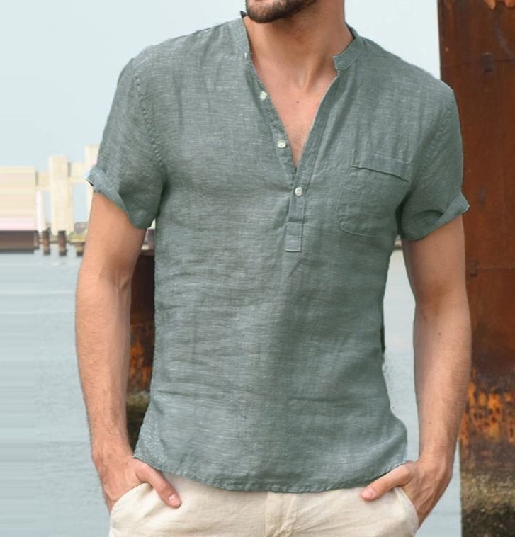 Men's Summer New Hot-selling Cotton And Linen Short-sleeved Men's T-shirts Stand-up Collar Buttoned Half- Placket Simple Short-sleeved Shirt_voghion.com