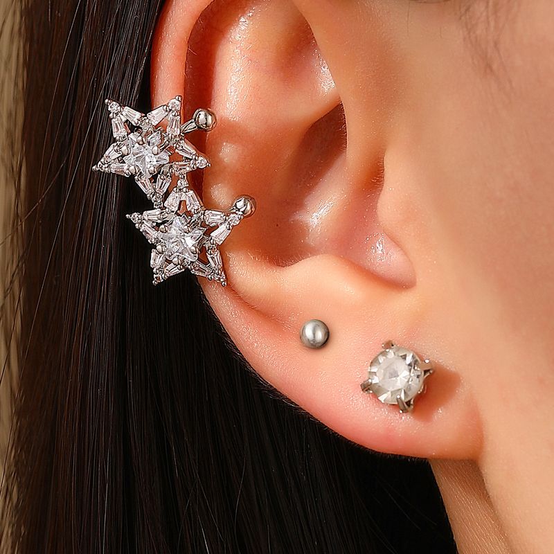 Super Sparkling Zircon Star With Niche Design, Ins Exquisite High-End Clip Without Ear Hole, Three Piece Earring Set_voghion.com