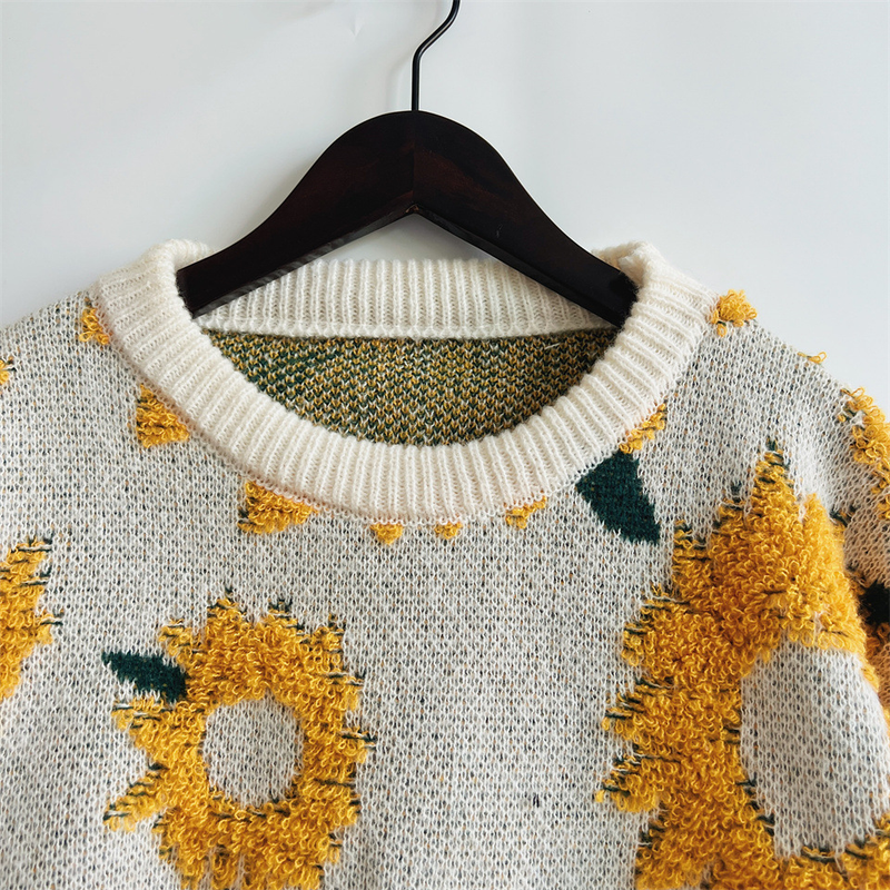 Neue Herbst- und Winteroberteile, Sonnenblumen-Jacquard-Rundhalsausschnitt, langärmeliger Strickpullover_voghion.com