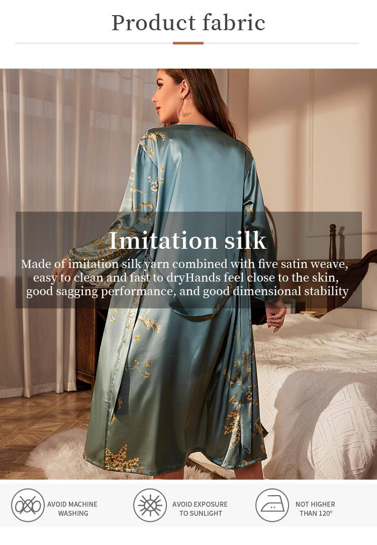 Bedrukt nachthemd met lange mouwen, sexy nachthemd voor dames met stropdas, eenvoudige pyjama in vest-stijl, badjas van ijszijde._voghion.com
