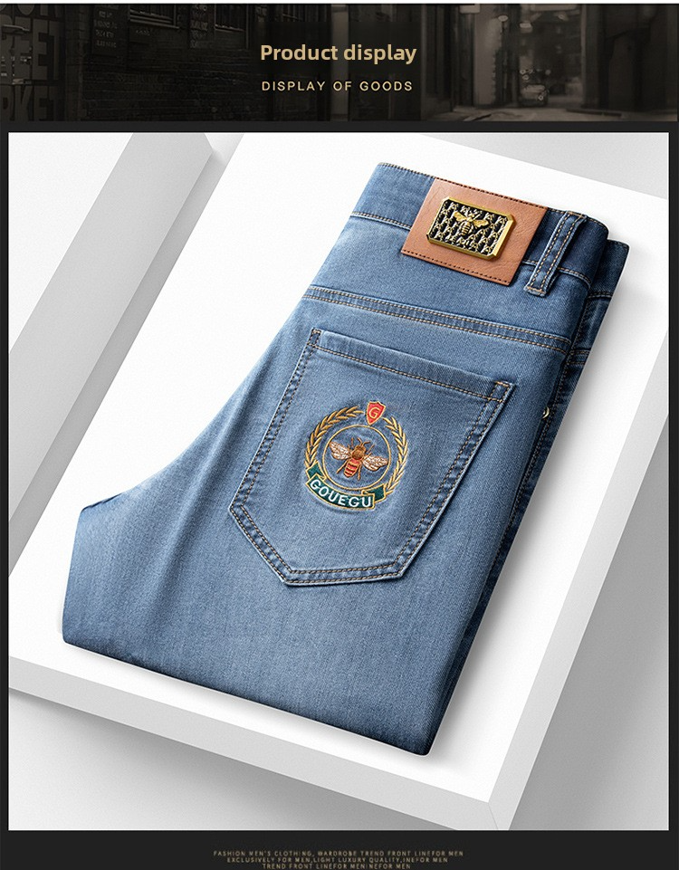 Jeans haut de gamme, produits européens, pantalons pour homme, broderies tendance printemps-été, pantalon slim droit en denim léger et extensible_voghion.com