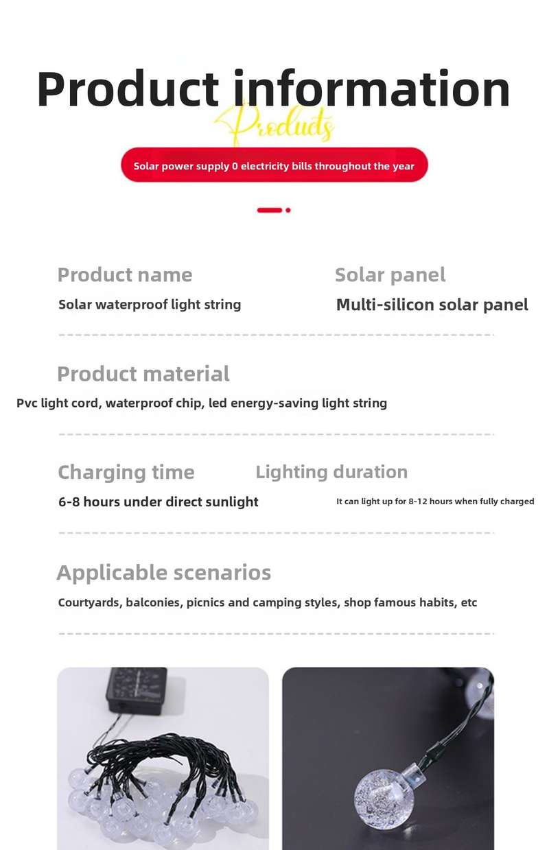 Luzes de corda LED com bolhas e energia solar – Luzes decorativas para ambientes internos e externos (5 m/20 LEDs, IP65 à prova d'água, carregamento solar/USB, controle por botão)_voghion.com