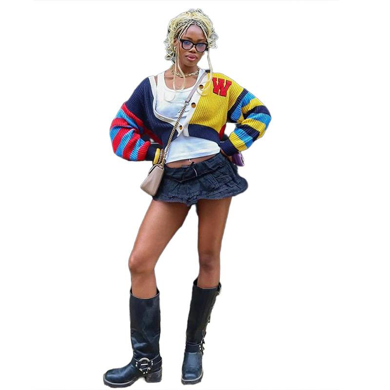 Damski, swobodny, kolorowy sweter z dzianiny z literami i guzikami, krótki rękaw, długi rękaw, modny top w stylu streetwear_voghion.com