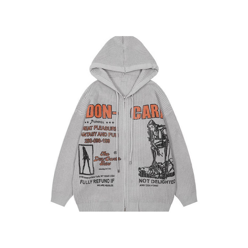 Vintage-Inspired 3d Print Hooded Knit Sweater | Oversized Streetwear Pullover | Soft Viscose Blend | Grey/Black/Red_voghion.com