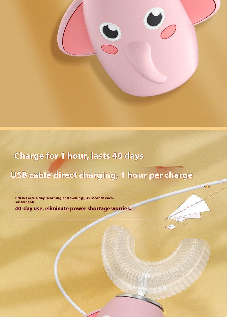 Cepillo de dientes eléctrico infantil en forma de U: 3 modos, limpieza de 360°, cerdas suaves de silicona, silencioso (36 dB), recargable, diseño de elefante (con pasta de dientes)_voghion.com