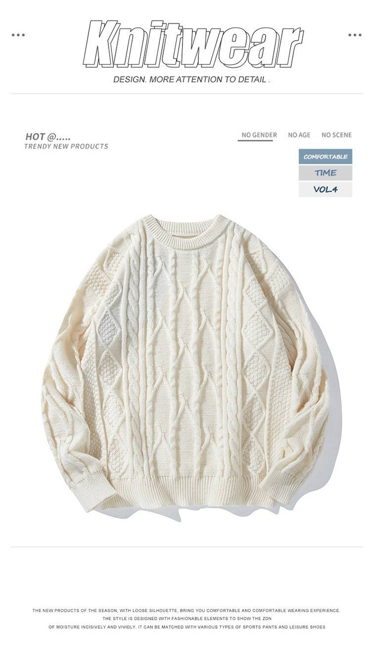 Men's Cable Knit Sweater - Oversized Casual Pullover With Ribbed Hem For Autumn/Winter (Black/Cream, M-Xxl)_voghion.com