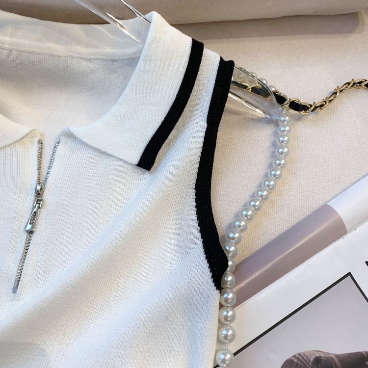 Damenbekleidung Echter Schuss des neuen Sommerdesigns Nischenkontrastfarbe Reißverschlussweste Hosenträger Strickoberteile für Frauen_voghion.com