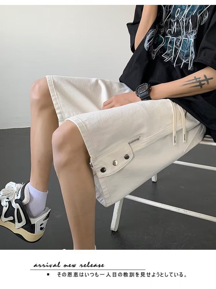 High street shorts, werkkleding voor heren in American Vibe-stijl, trendy merk met vijfkwart pijpen, stijlvol design, broek met rij knopen,_voghion.com