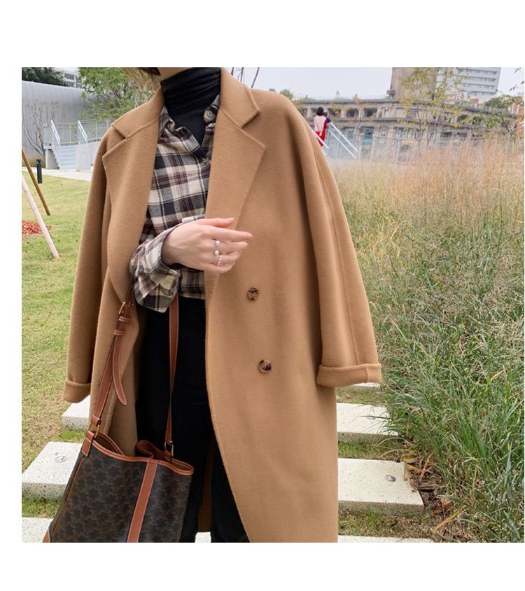 Women’s Double-Faced Wool Coat – Korean Oversized Trench (Camel/Black, S-2XL) | Minimalist Double-Breasted Mid-Length Overcoat_voghion.com
