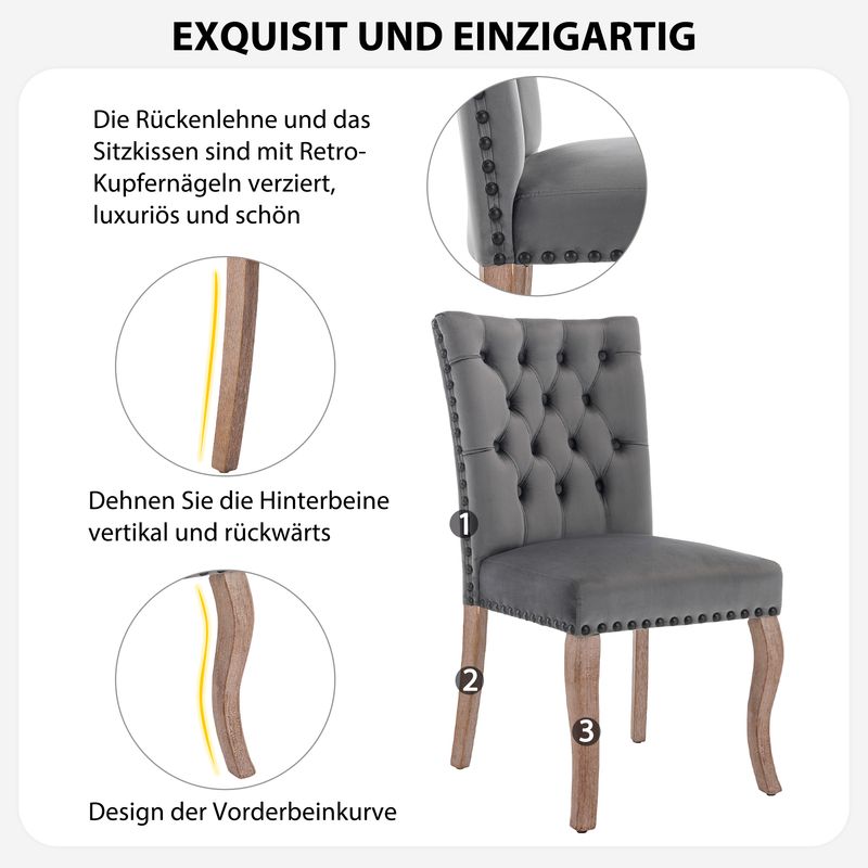 4er Set Samt Esszimmerstühle Mit Nagelkopfbesatz, Massivholzbeine, Grau_voghion.com