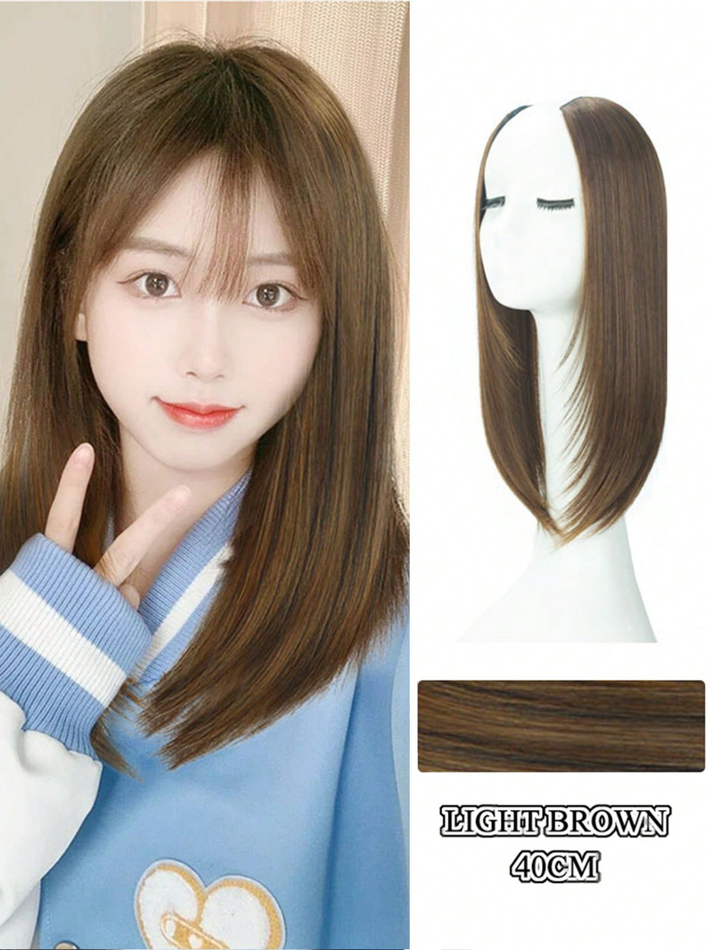 16 pulgadas media cabeza clavícula negro hebilla recta pelo largo femenino Natural Invisible una pieza de peluca_voghion.com
