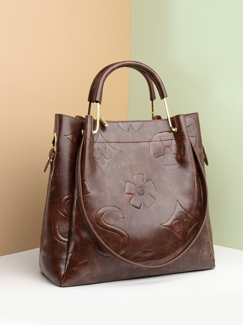 LEMON KOKO Women's Large Tote Bucket Bag, Vintage PU Leather Handbag With Dual Straps, Spacious Work & Travel Purse For Daily Commute_voghion.com