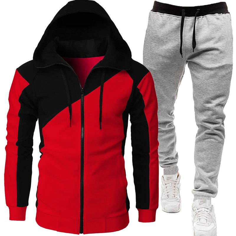 Autumn and winter foreign trade sports two-color splicing coat long men plus fleece thick sports suit two-piece set_voghion.com