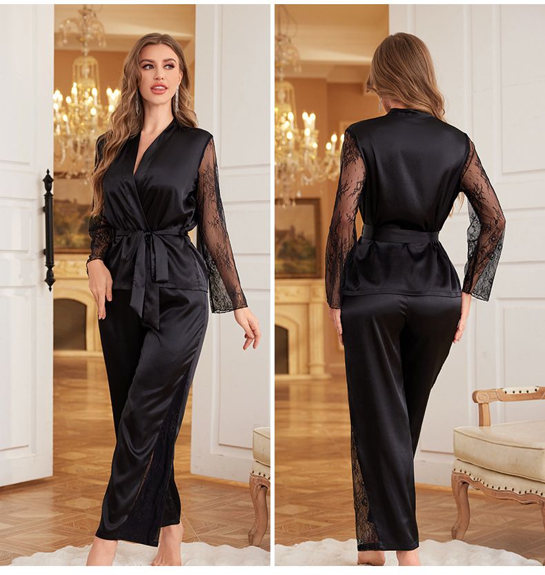 Damen Nachtwäsche Luxus Nacht Neue Sexy Spitze Pyjamas Langarm Hosenanzug Weibliche Heimkleidung_voghion.com